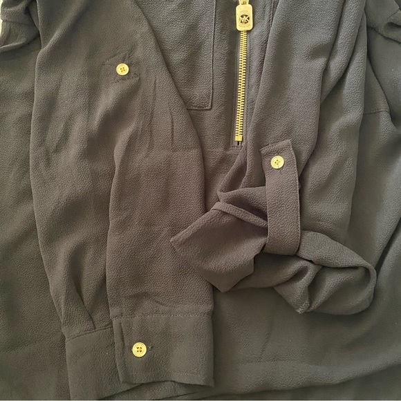 Michael Kors Gold Metal Zip V-Neck Chest Pocket Long Slv Blouse - Picture 5 of 7